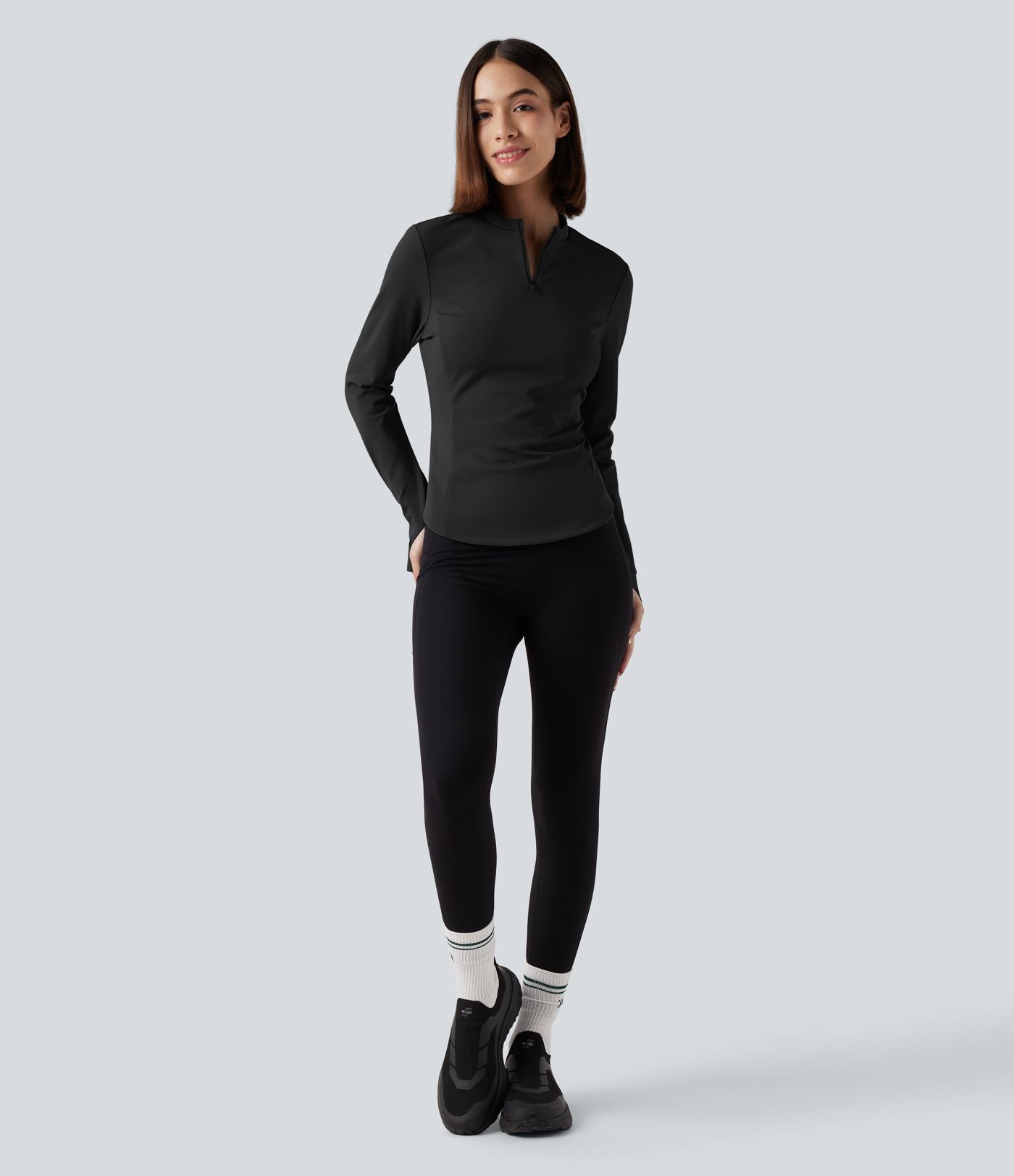Haut de sport yoga polaire col montant demi-zip à manches longues avec passants pouces