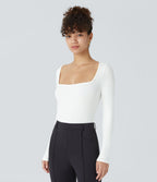 Bodysuit de Travail Tricot Côtelé Col Carré Manches Longues Boutonné Silhouette Élancée