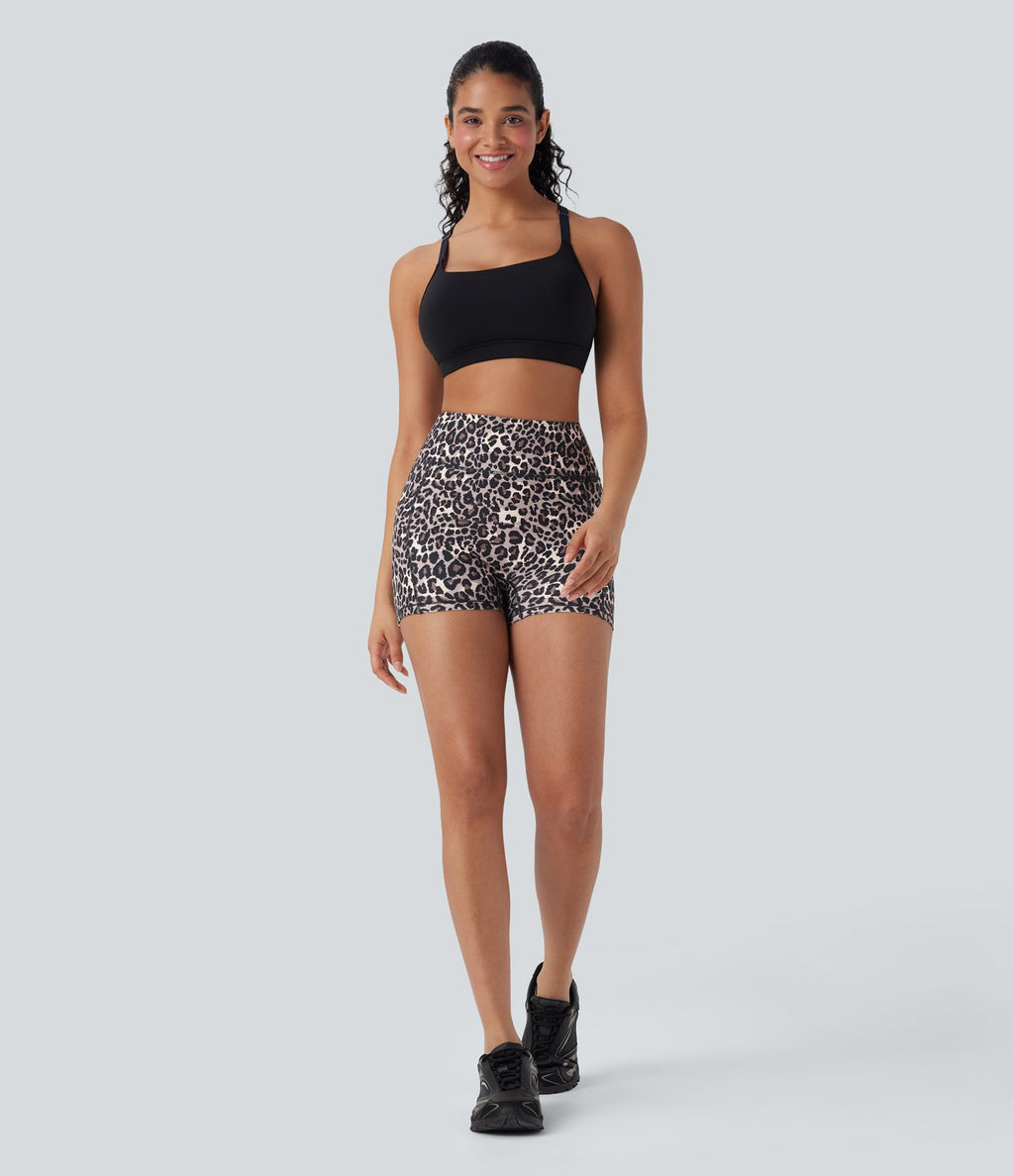 Short cycliste yoga 3'' taille haute imprimé léopard avec poches