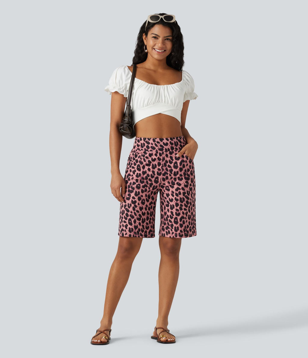 Short ample taille haute en tissu gaufré imprimé léopard 25 cm avec poches