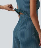 Combinaison tailleur col V sans manches à rayures et fronces avec poches - Easy Peasy