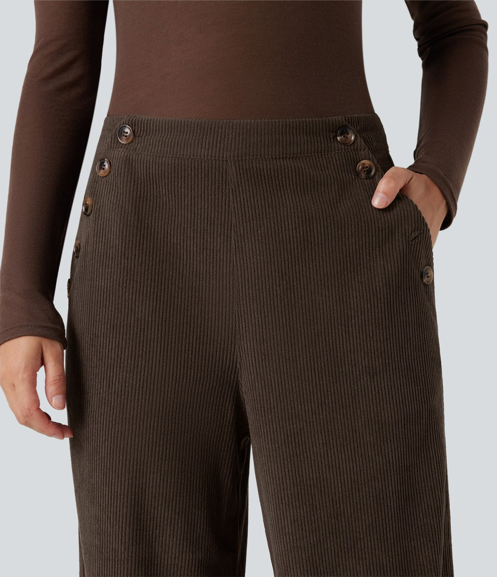 Pantalon décontracté droit en velours côtelé, taille haute, avec poches