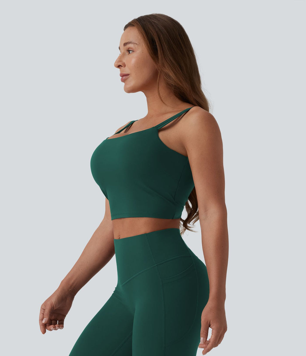 Débardeur de yoga cropped Halara UltraSculpt™ à doubles bretelles dos torsadé ouvert avec soutien-gorge intégré – Bonnets E-G