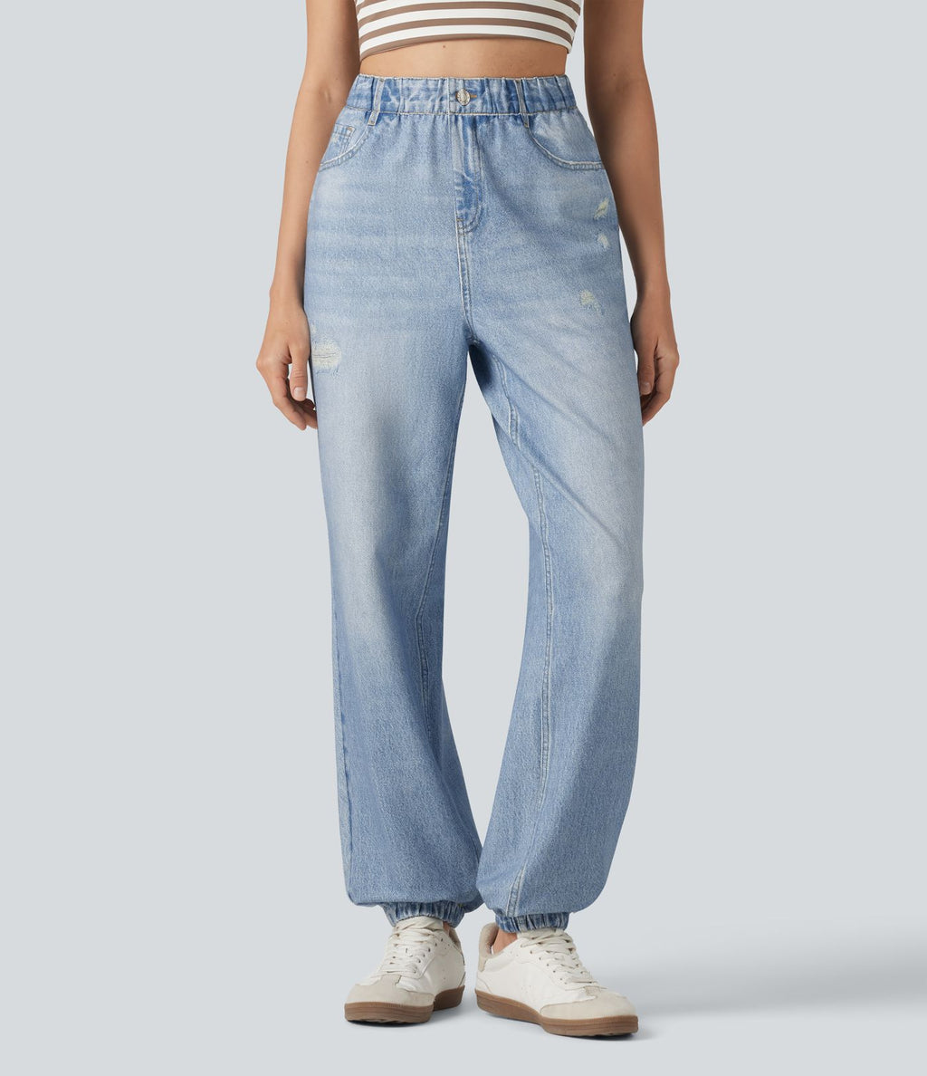 Jogging taille haute en molleton French Terry imprimé jean avec poches