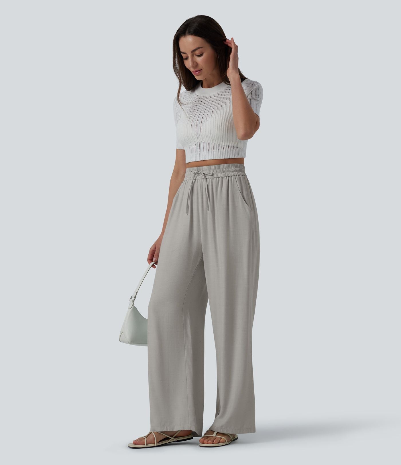 Pantalon casual large mélange lin taille haute avec cordon de serrage et poches