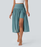 Jupe de danse mi-longue fluide 2-en-1 taille haute, fendue avec poche latérale