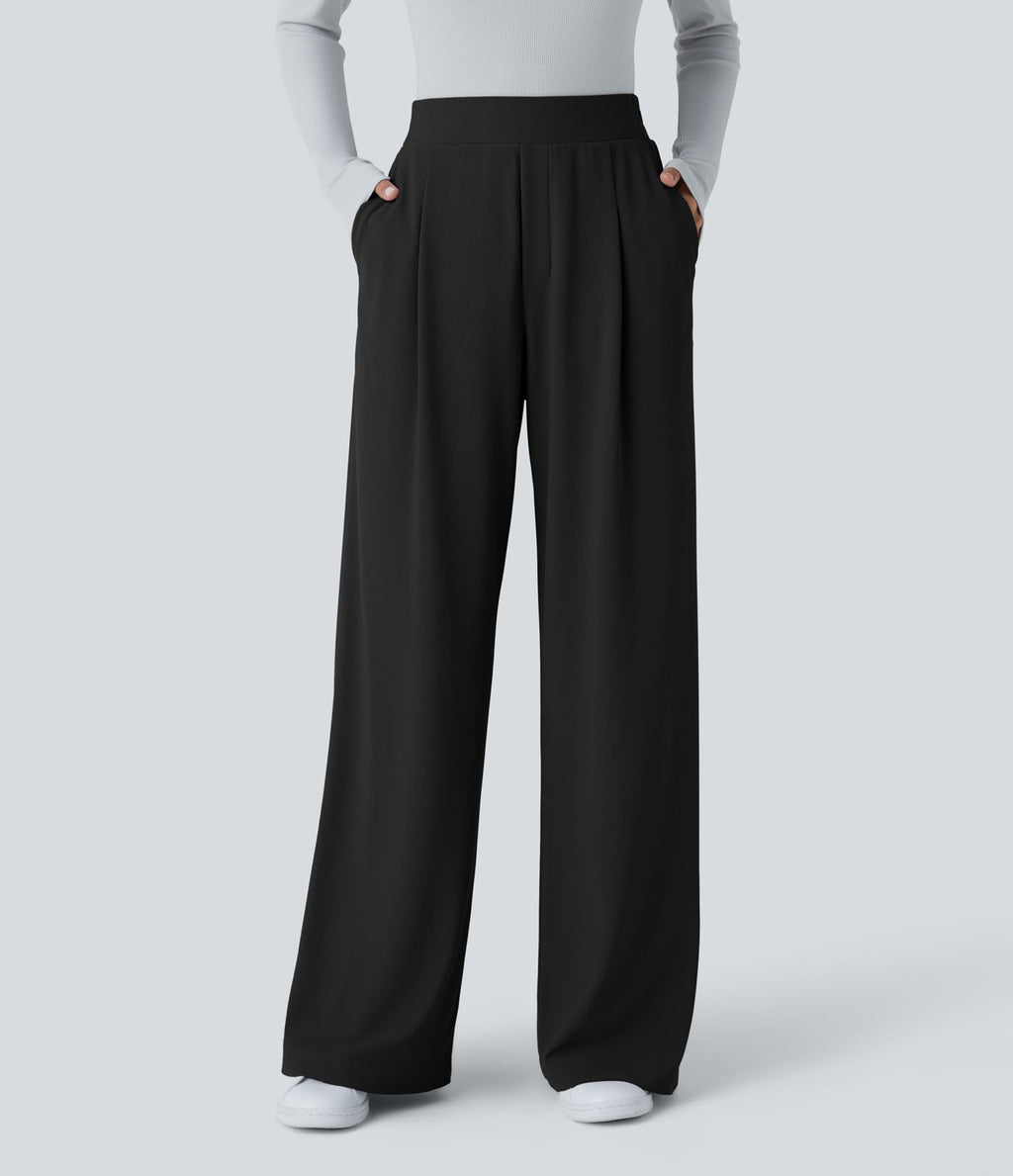 Halara Flex™ Pantalon Tailleur en tissu gaufré à taille haute, jambes larges, poches latérales et plis décoratifs