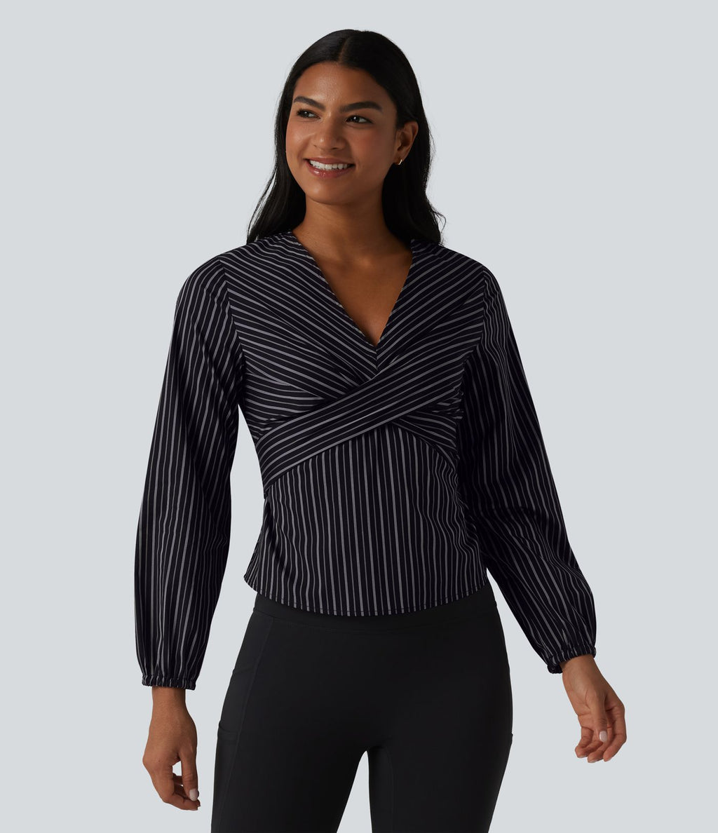 Blouse de travail rayée à col V, manches longues et dos noué