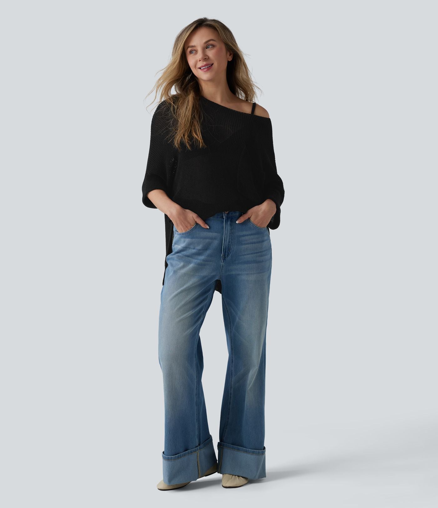Pull décontracté oversize asymétrique demi-manches ourlet fendu avec poche