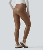 Pantalon 7/8 moulant décontracté polaire gainant taille haute extensible effet cuir avec poches