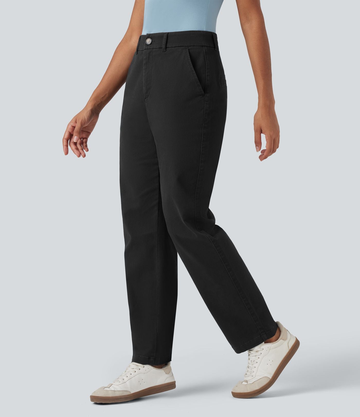 Pantalon coton fuselé taille mi-haute avec poches