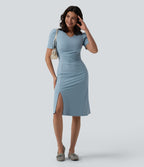 Robe midi casual col V manches courtes