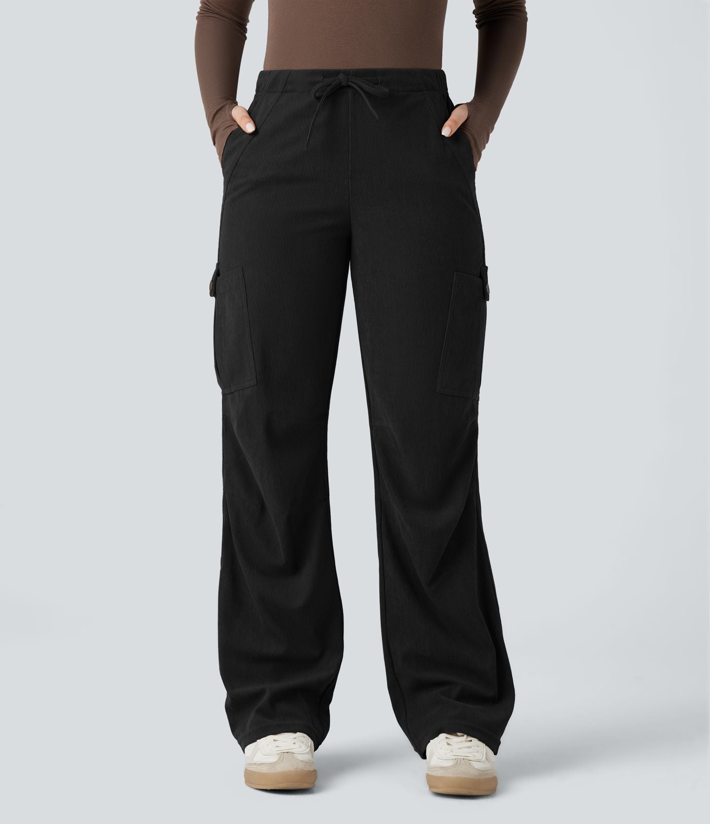 Pantalon jogging cargo velours côtelé coupe droite taille mi-haute avec cordon de serrage et poches