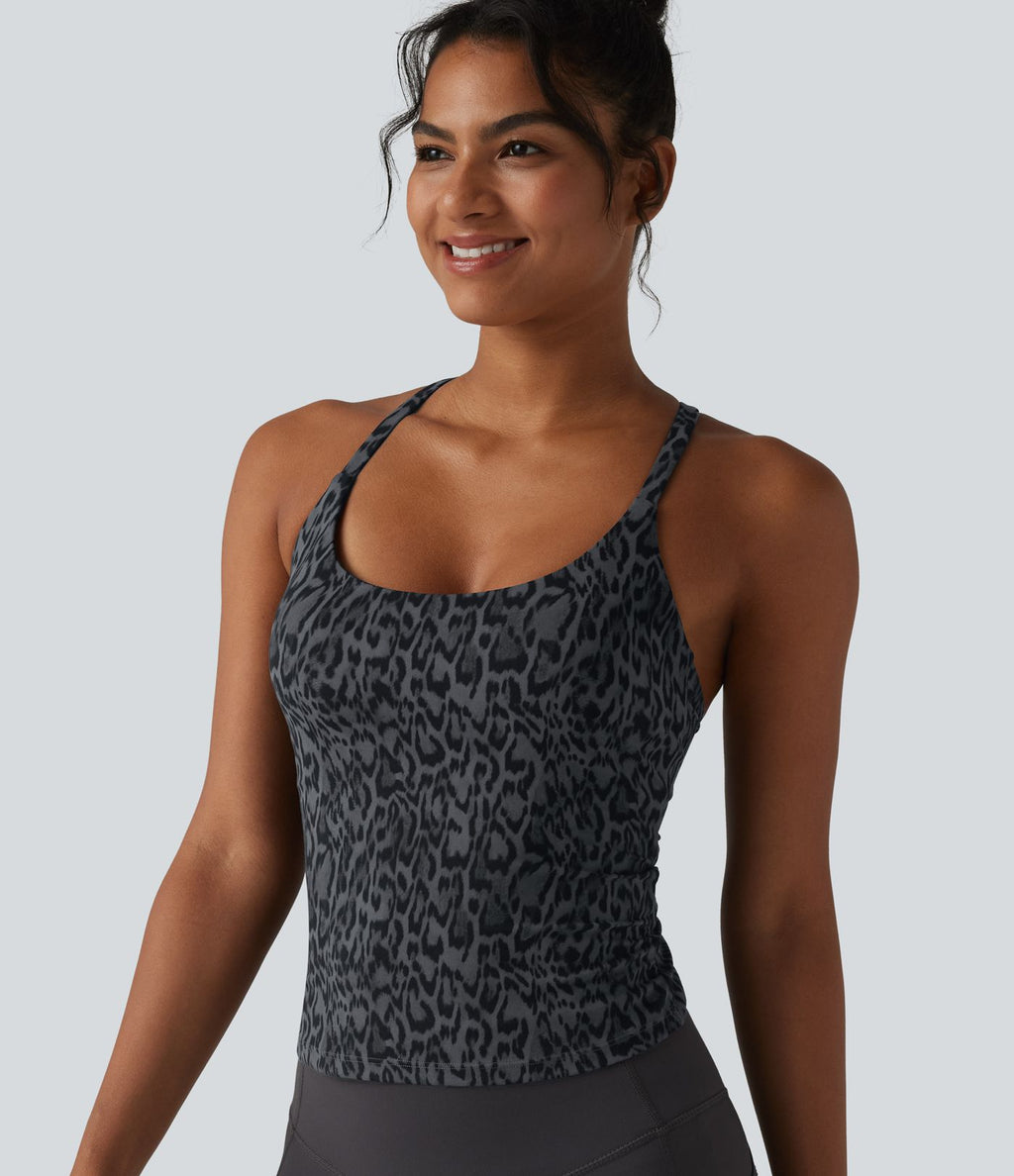 Halara UltraSculpt™ Débardeur de yoga imprimé léopard col rond échancré soutien-gorge intégré ourlet croisé