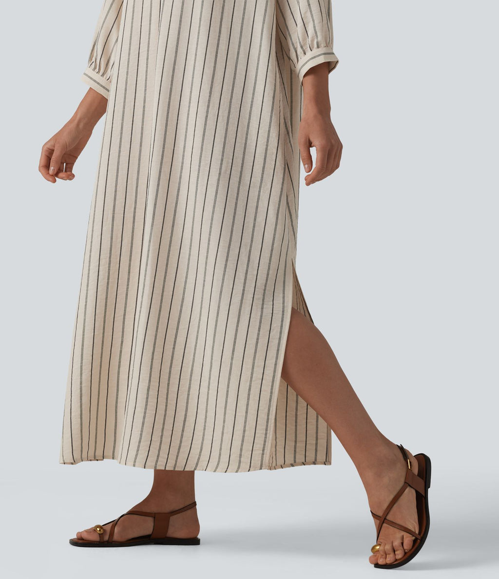 Robe midi casual à rayures aspect lin col V avec nœud, manches 3/4 fendues et poches