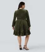 Quotidien de Robe Velours Mini Grande Taille avec Décolleté Profond en V et Ourlet à Volants