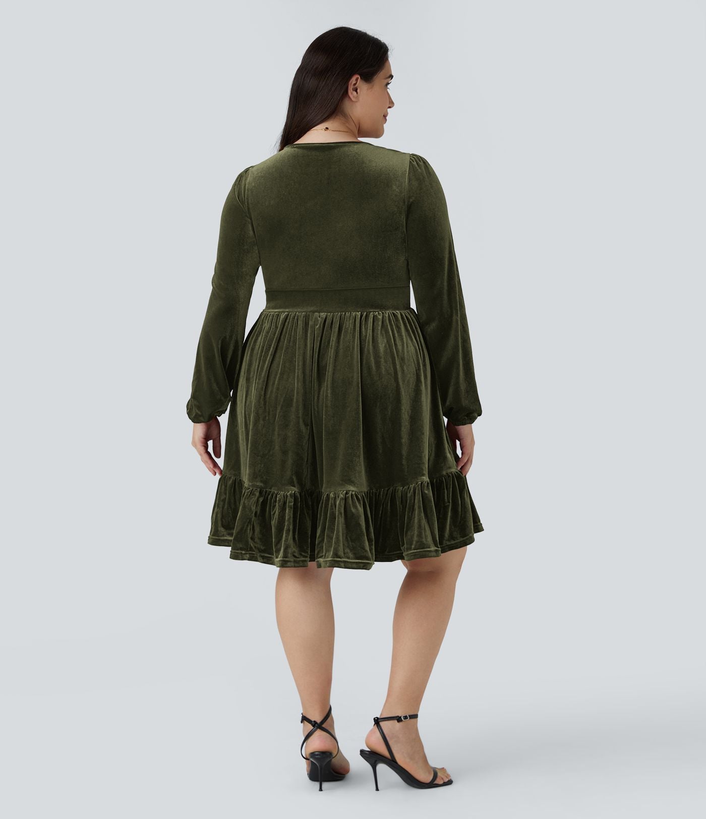 Quotidien de Robe Velours Mini Grande Taille avec Décolleté Profond en V et Ourlet à Volants
