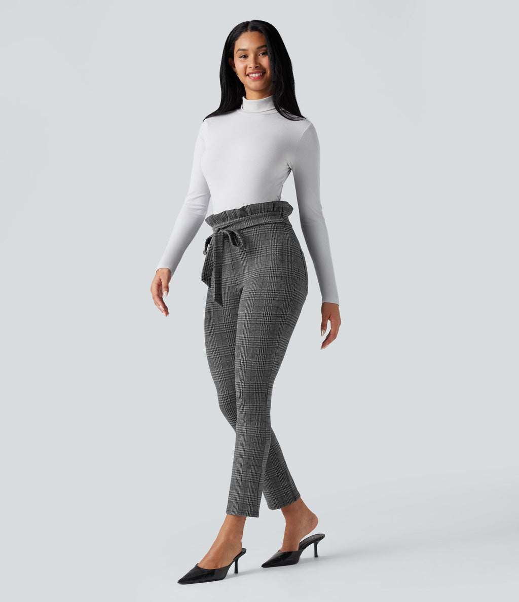 Pantalon tailleur skinny Halara Flex™ paper bag pied-de-poule carreaux taille haute à nœud avec poches