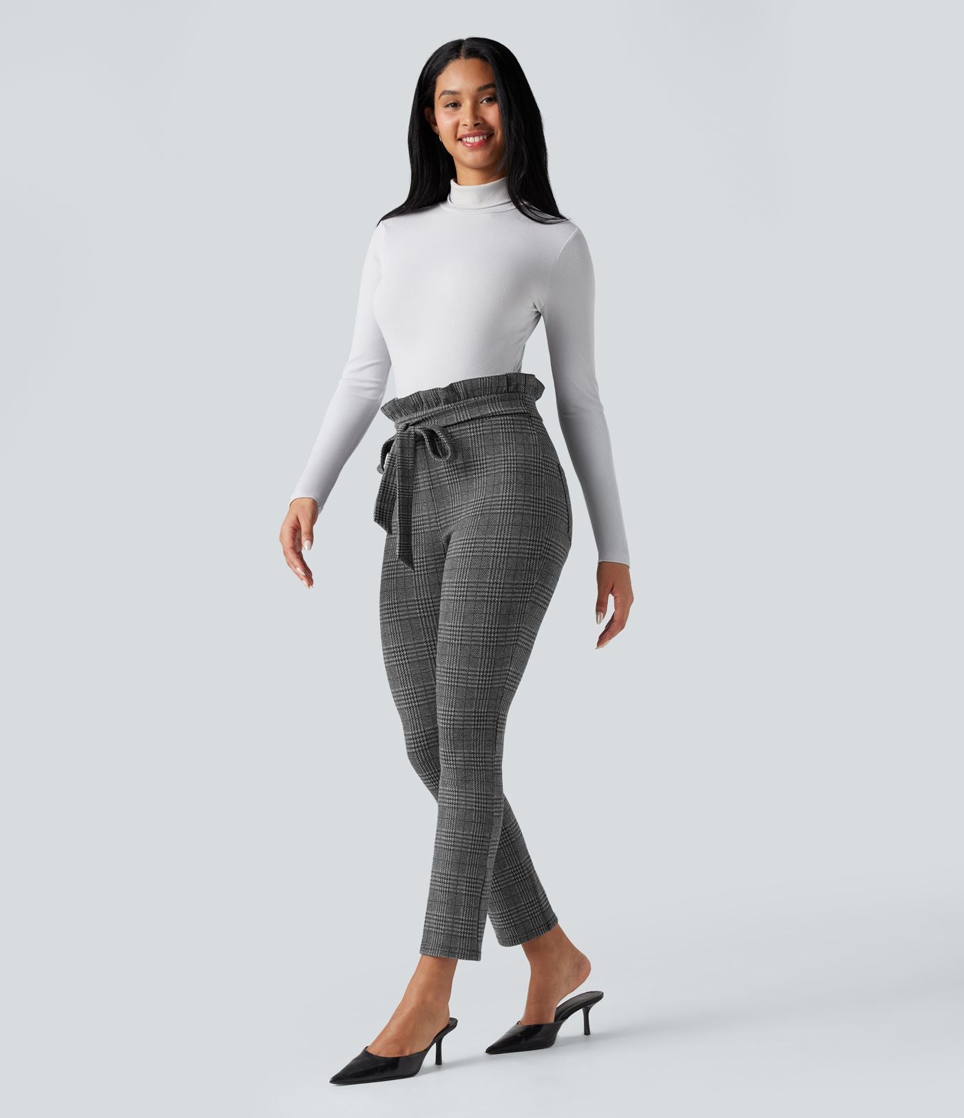 Pantalon tailleur skinny Halara Flex™ paper bag pied-de-poule carreaux taille haute à nœud avec poches