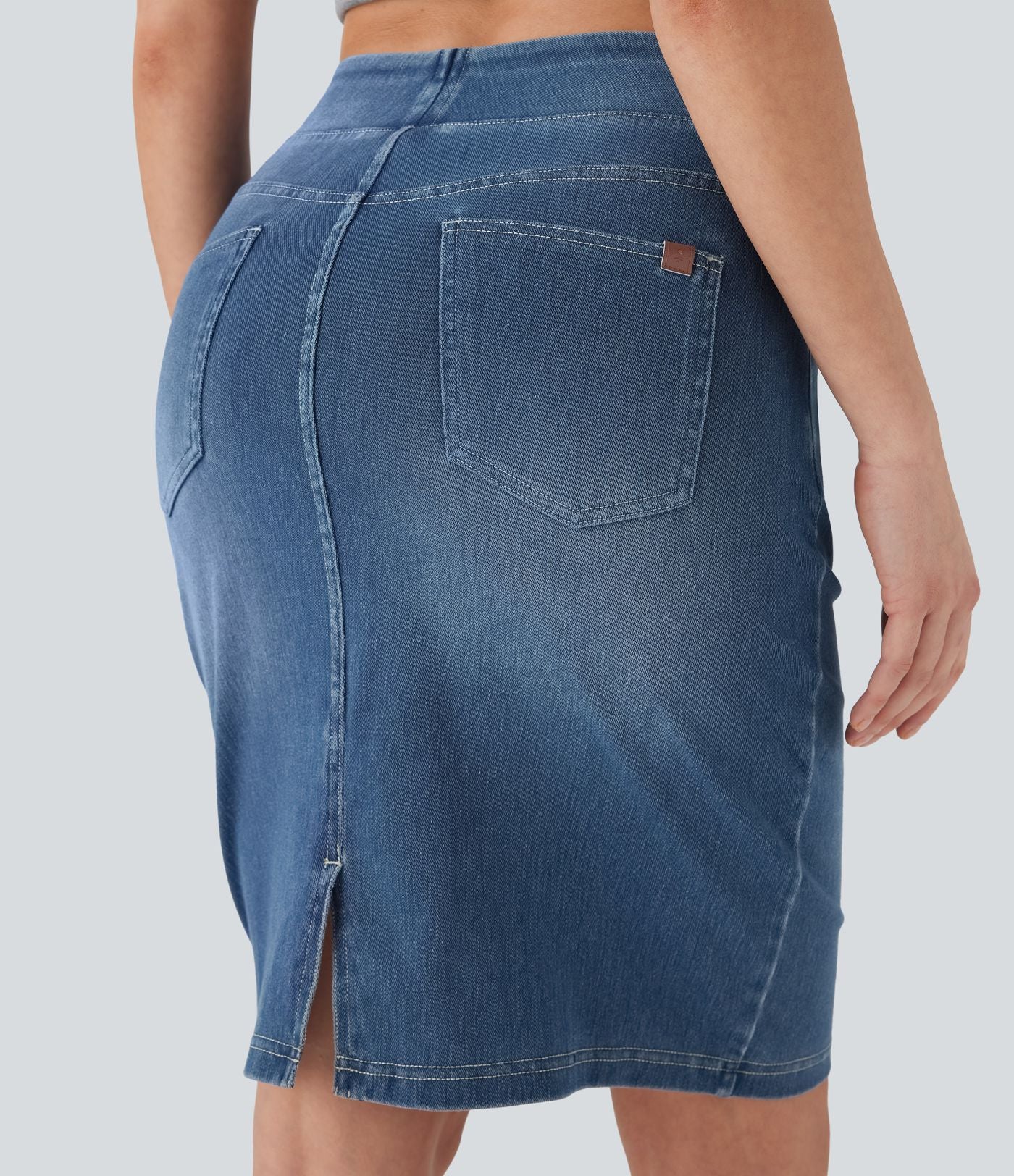Halara Flex™ Jupe en Jean décontractée stretch délavé à taille haute, multiples poches et fente latérale