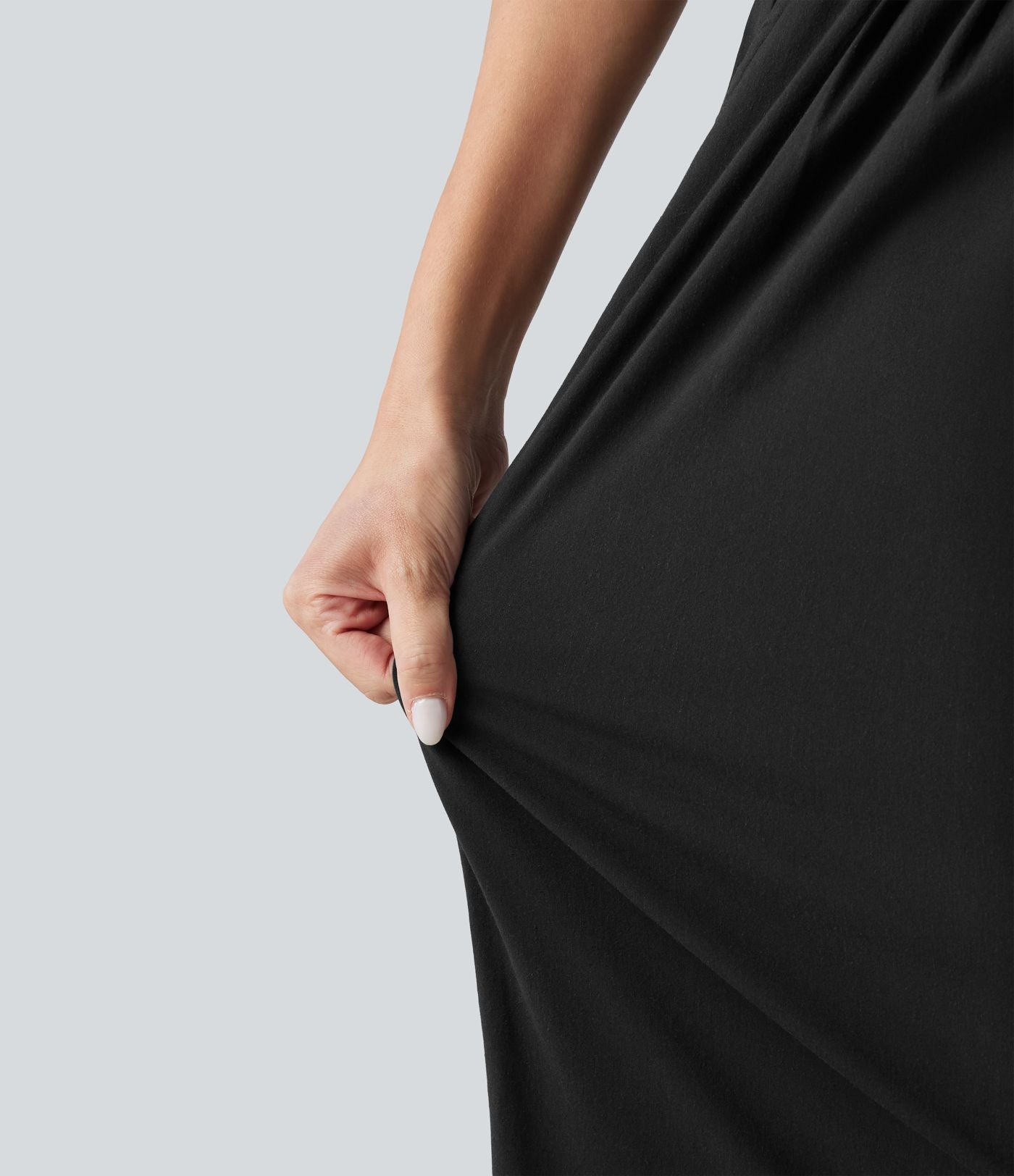 Pantalon large fluide casual raccourci taille haute avec ourlet arrondi, tissu extensible aspect lin et poches