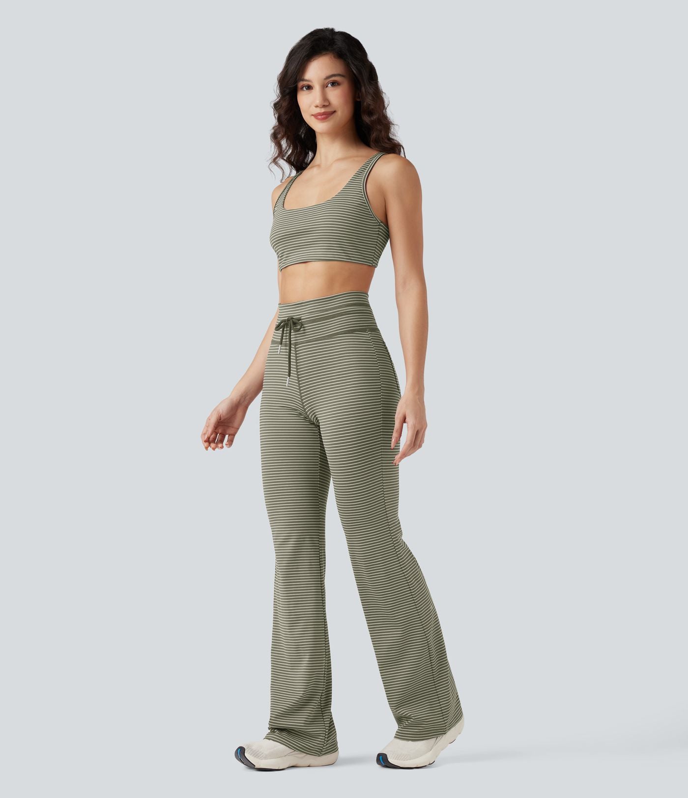 Pantalon de yoga évasé à rayures, taille haute, cordon et poches