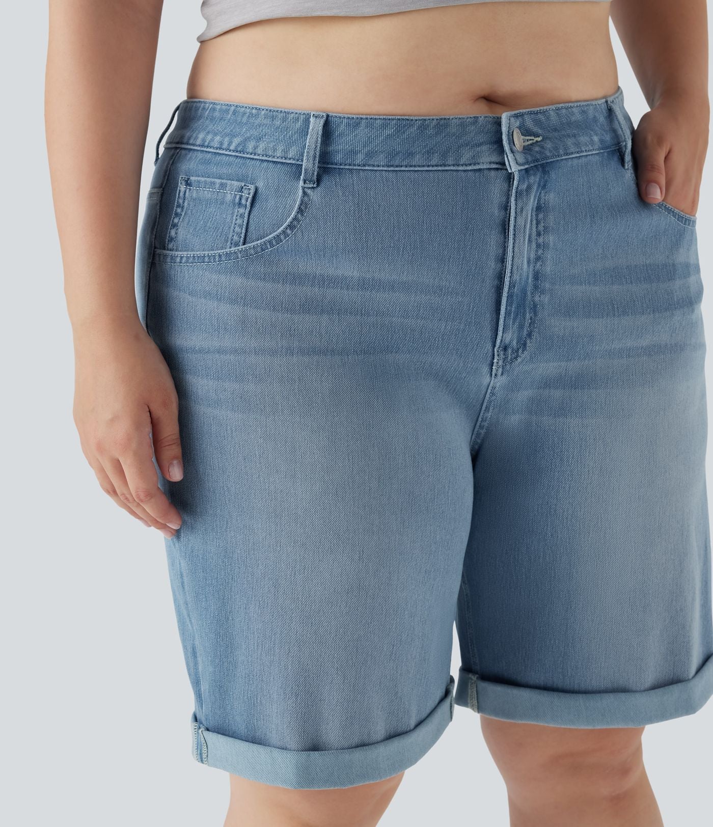 Short bermuda casual denim grande taille Halara Flex™ tricot extensible délavé taille haute multiples poches ourlet roulotté