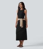 Robe midi moulante décontractée côtelée à col rond sans manches avec soutien-gorge intégré