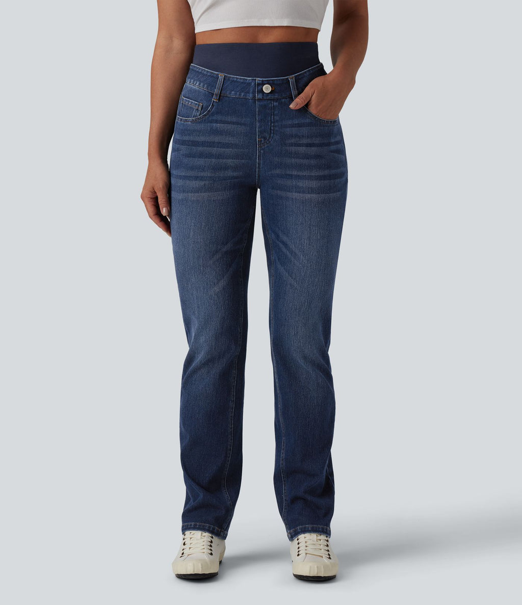 Jean ajusté décontracté Halara Flex™ double ceinture gainant taille haute avec poches