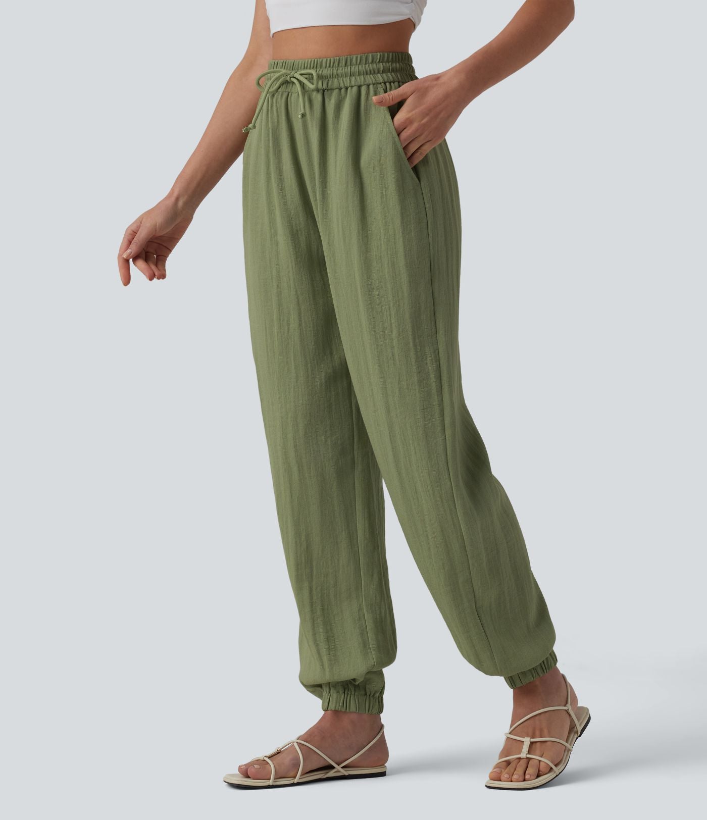 Jogging casual large ample taille haute aspect lin à cordon de serrage avec poches