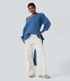 Pull casual col V épaules tombantes manches longues avec fentes