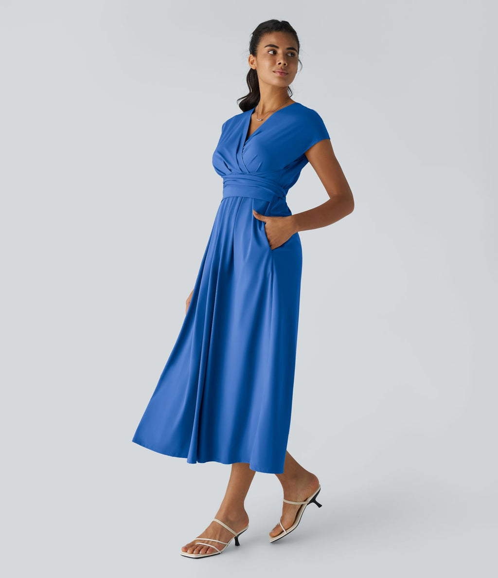 Breezeful™ Robe Mi-Longue Col en V Manches Courtes Poche Latérale Nouée au Dos Séchage Rapide