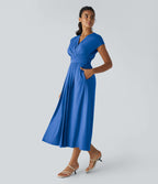 Breezeful™ Robe Mi-Longue Col en V Manches Courtes Poche Latérale Nouée au Dos Séchage Rapide