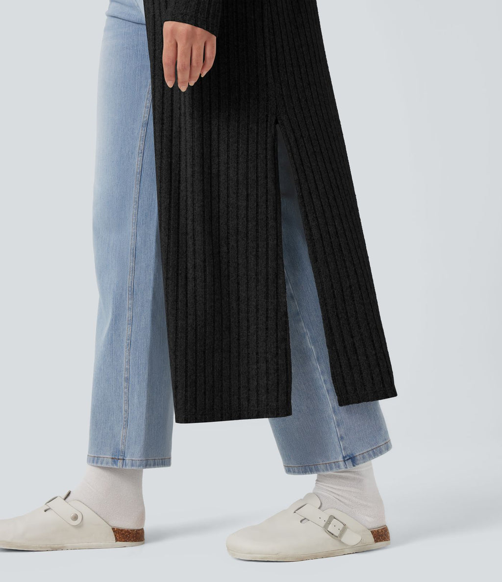 Manteau long décontracté maille côtelée manches longues avec fente