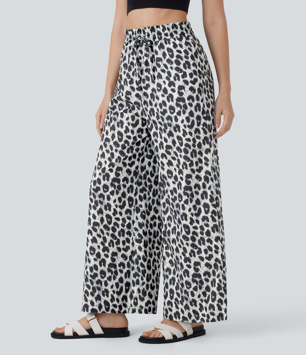 Pantalon large et fluide à imprimé léopard, taille haute avec cordon de serrage et poches latérales