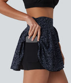 Jupe tennis mini fluide 2-en-1 taille haute imprimé léopard avec liens latéraux et poche