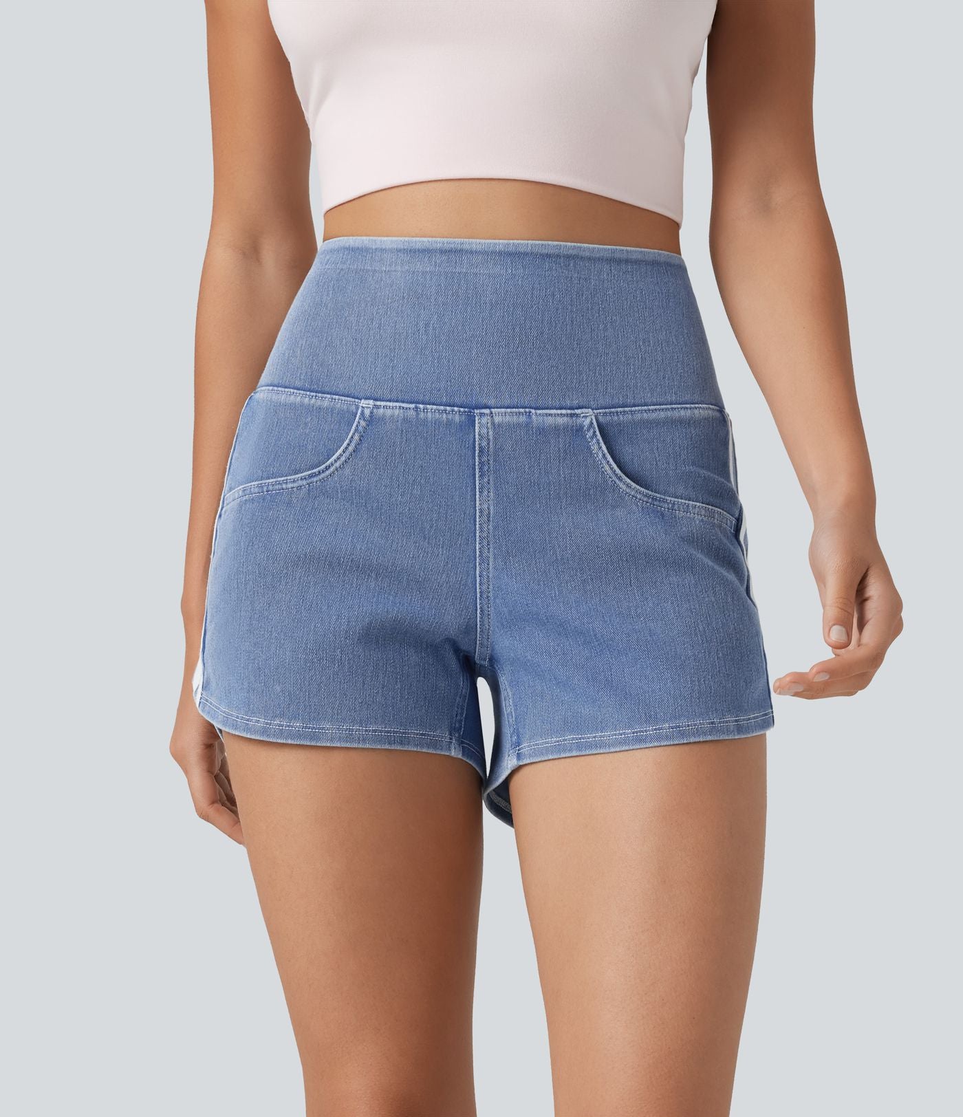 Short en jean rayé taille haute Halara Flex™ avec ourlet arrondi et poches