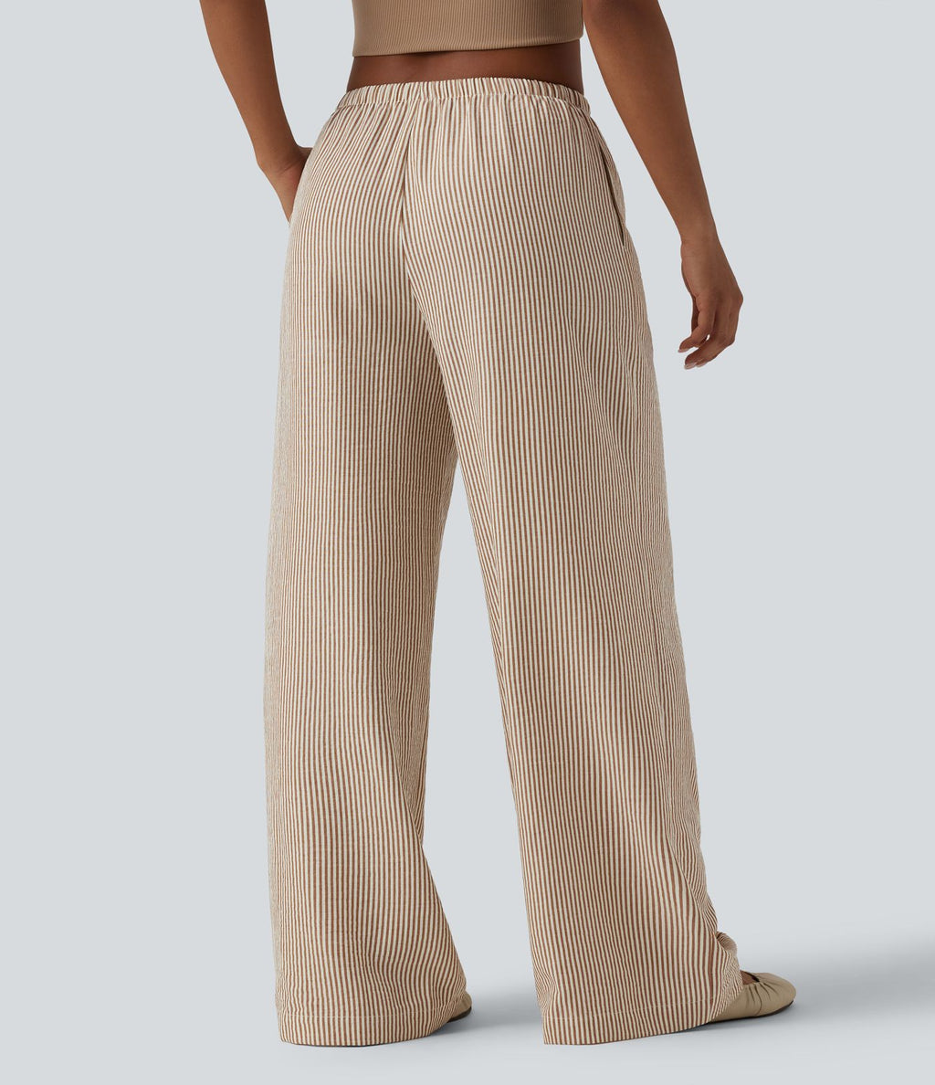 Pantalon large casual taille basse aspect lin rayures avec cordon de serrage et poches