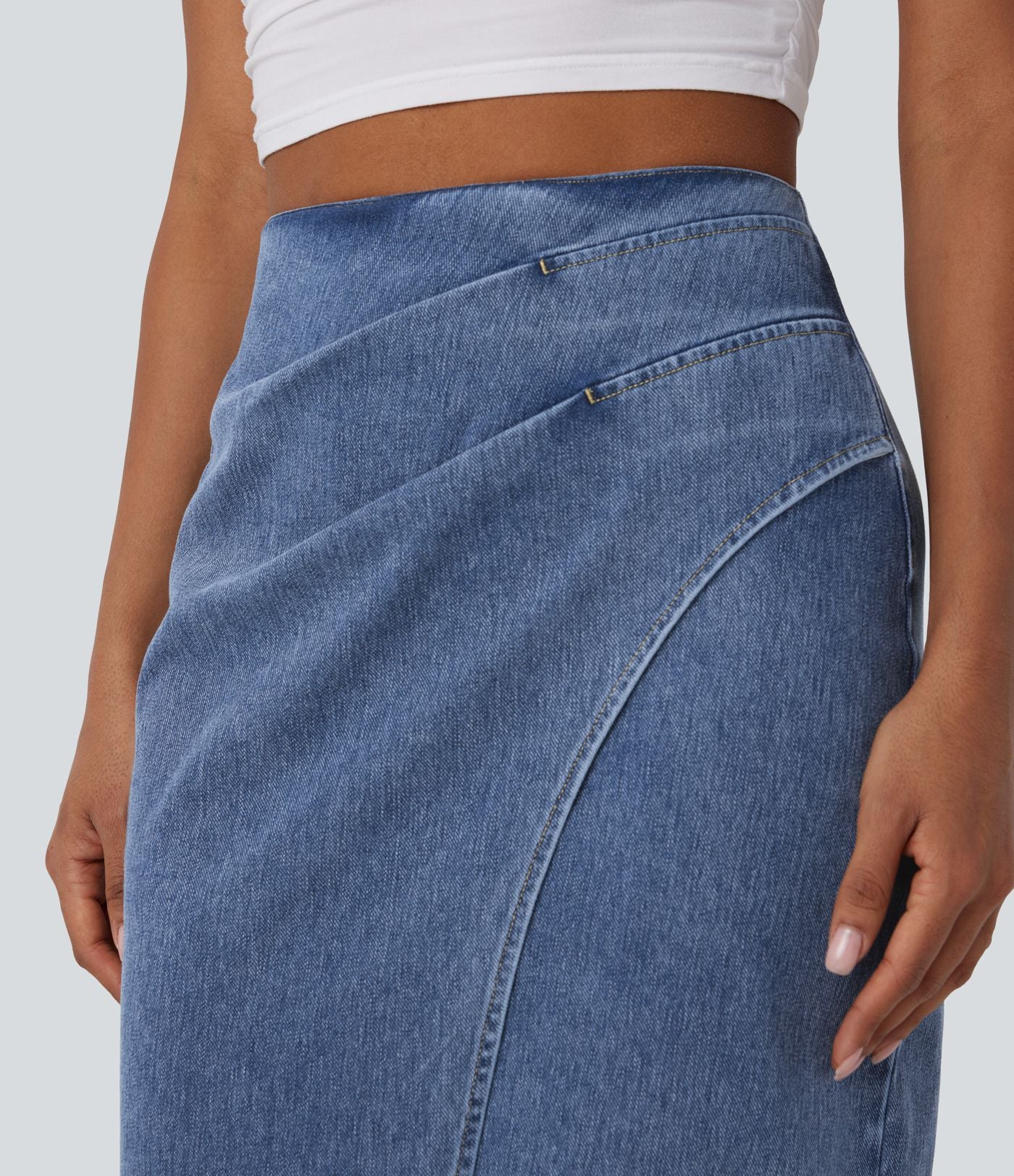 Halara Flex™ Jupe en Jean midi délavé taille haute avec zip dos, effet drapé et ourlet tulipe