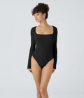 Bodysuit de Travail Tricot Côtelé Col Carré Manches Longues Boutonné Silhouette Élancée