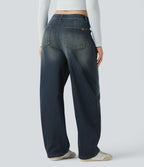 Jean Barrel Halara Flex™ asymétrique délavé taille mi-haute avec poches
