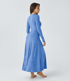 Robe de Casual Maxi Manches Longues Évasées et Boutons au Col Rond