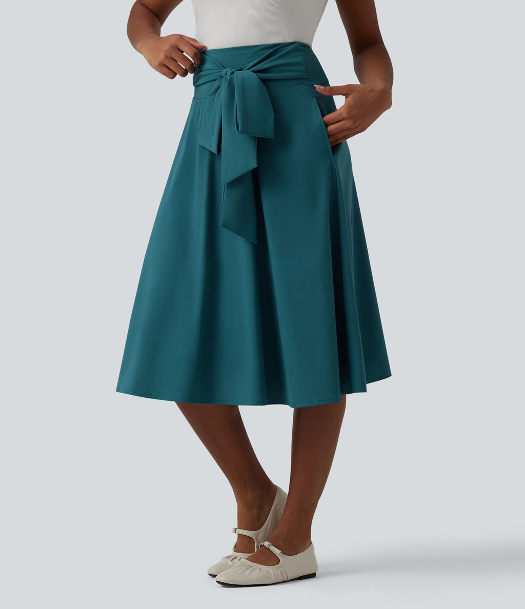 Jupe midi casual trapèze taille haute à nœud devant