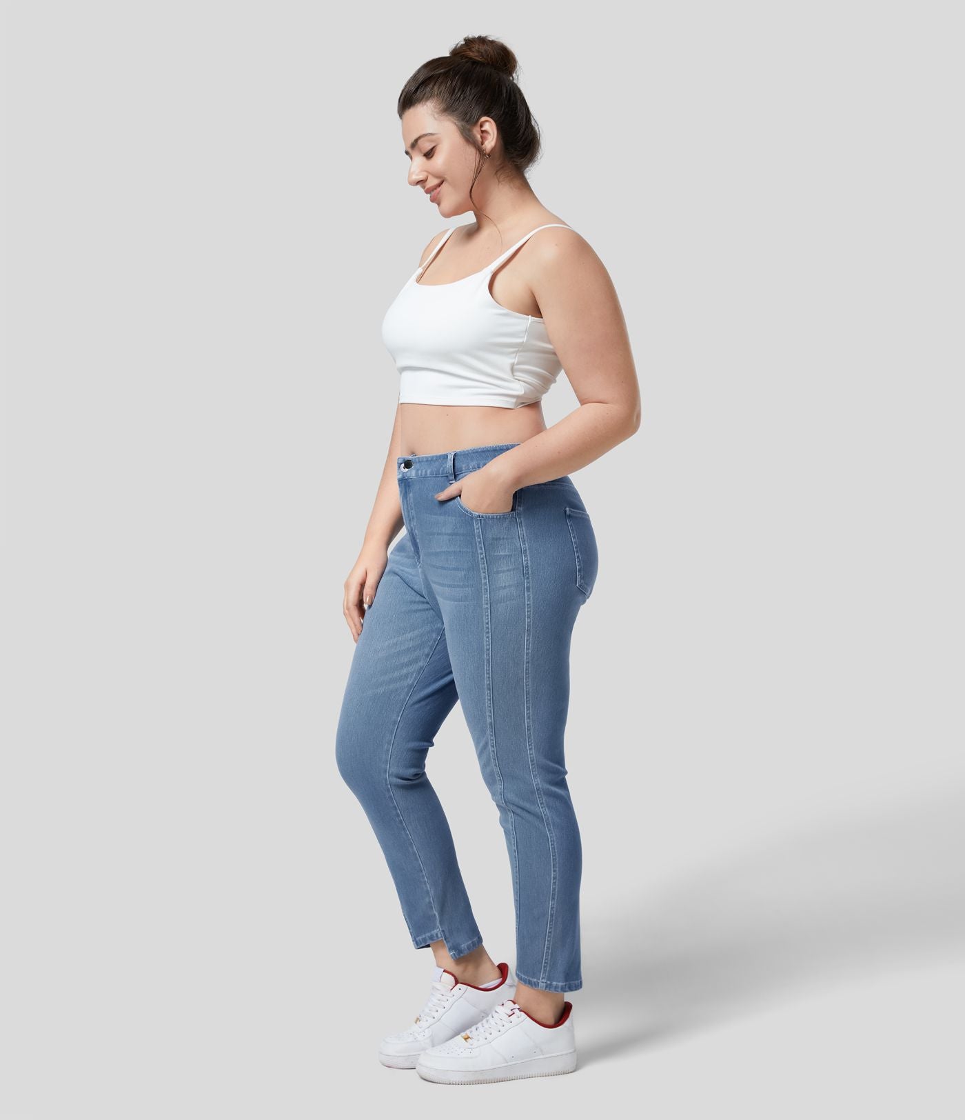 Halara Flex™ Jean Skinny Grande Taille Casual en Tricot Extensible Taille Mi-Haute avec Bouton et Fermeture Éclair et Plusieurs Poches