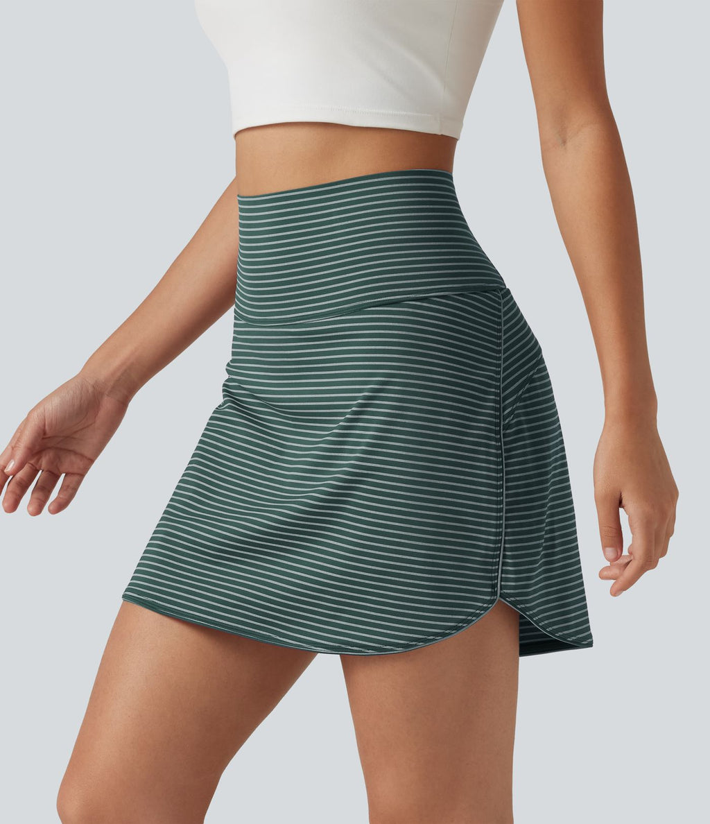 Mini-jupe de golf 2 en 1 à rayures, taille ultra haute, effet ventre plat, ourlet arrondi et poches