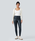 Pantalon 7/8 moulant décontracté polaire gainant taille haute extensible effet cuir avec poches
