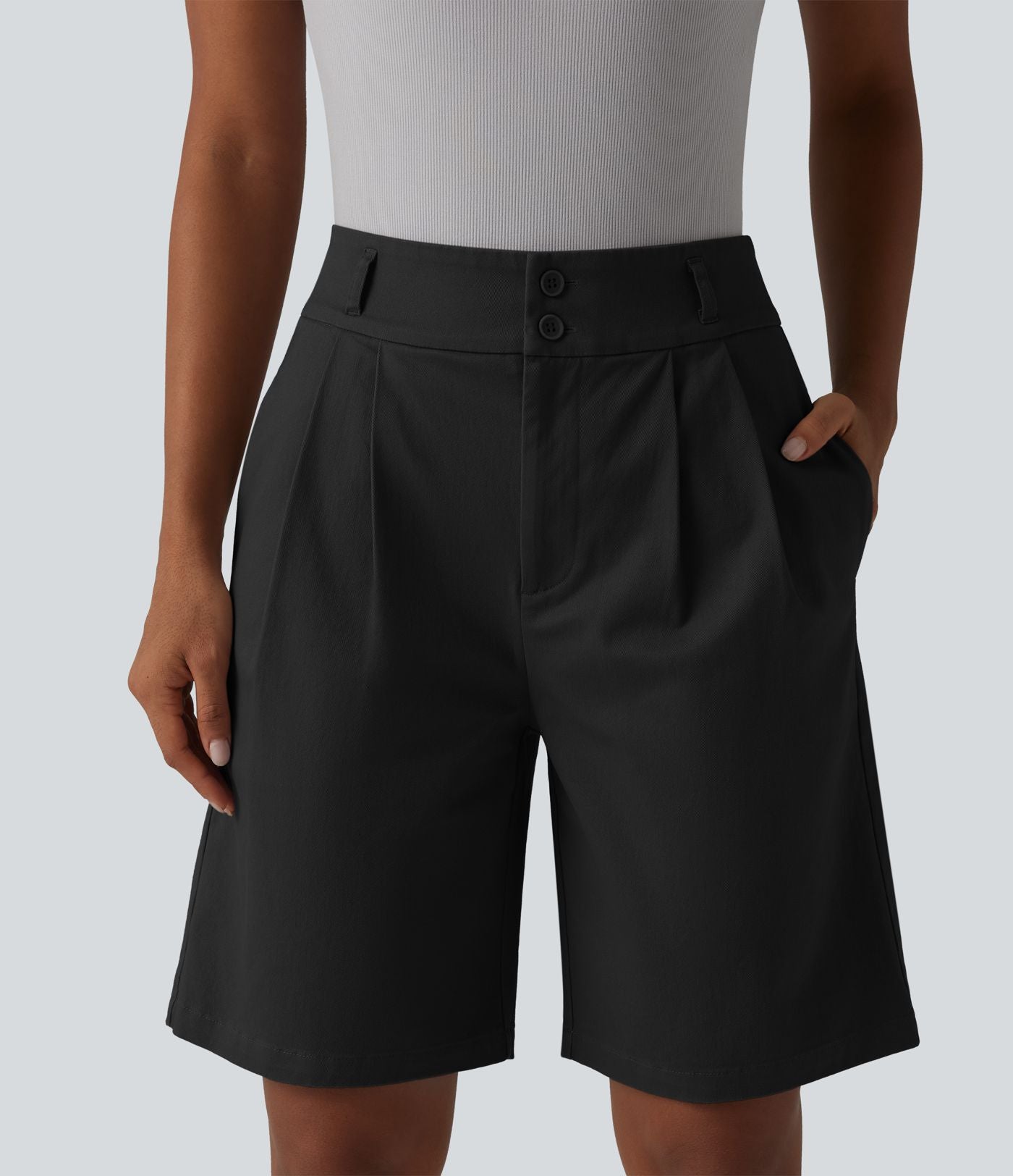 Short tailleur chino droit en coton taille haute à poches