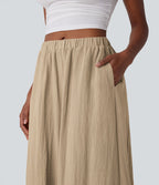 Pantalon fluide large taille mi-haute effet lin avec poche