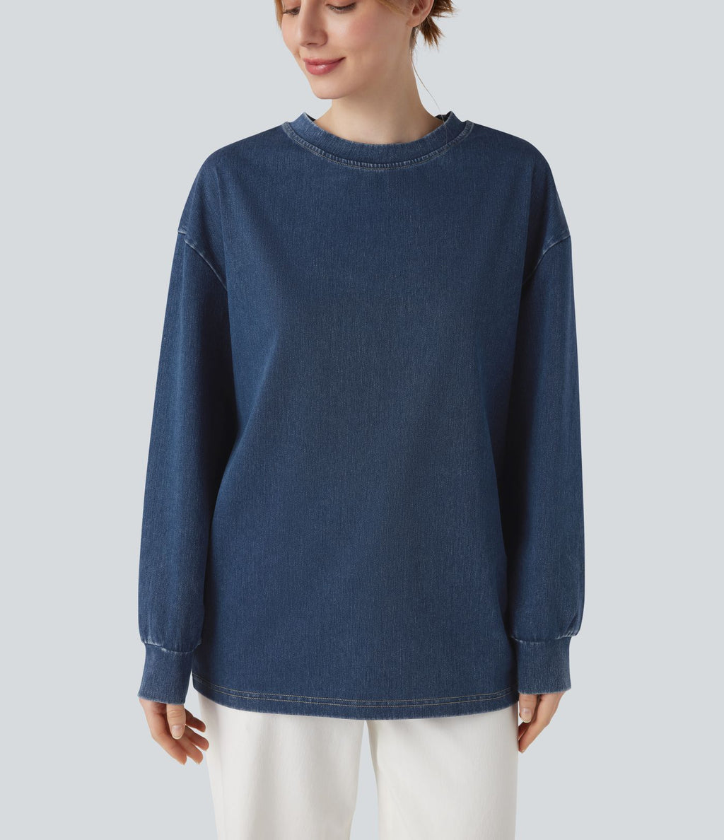 Halara Flex™ T-shirt casual délavé en denim à col rond et manches longues