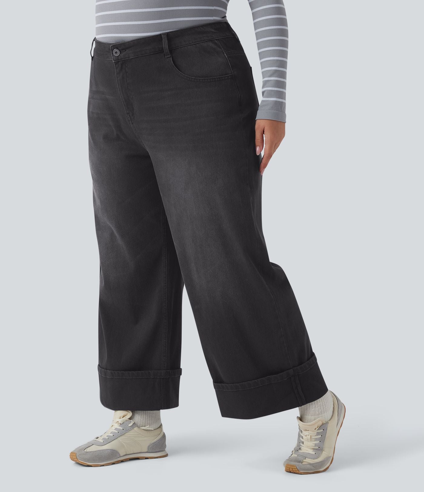Jean casual grande taille Halara Flex™ tricot extensible délavé taille haute jambe large ourlet roulotté avec poches